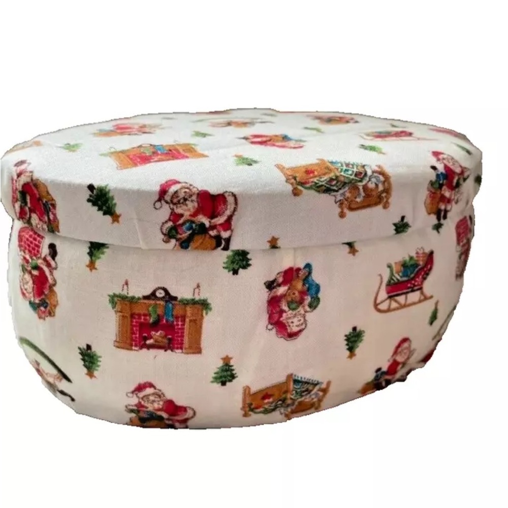 Vintage Quilted Fabric White Christmas Sewing Box 7"